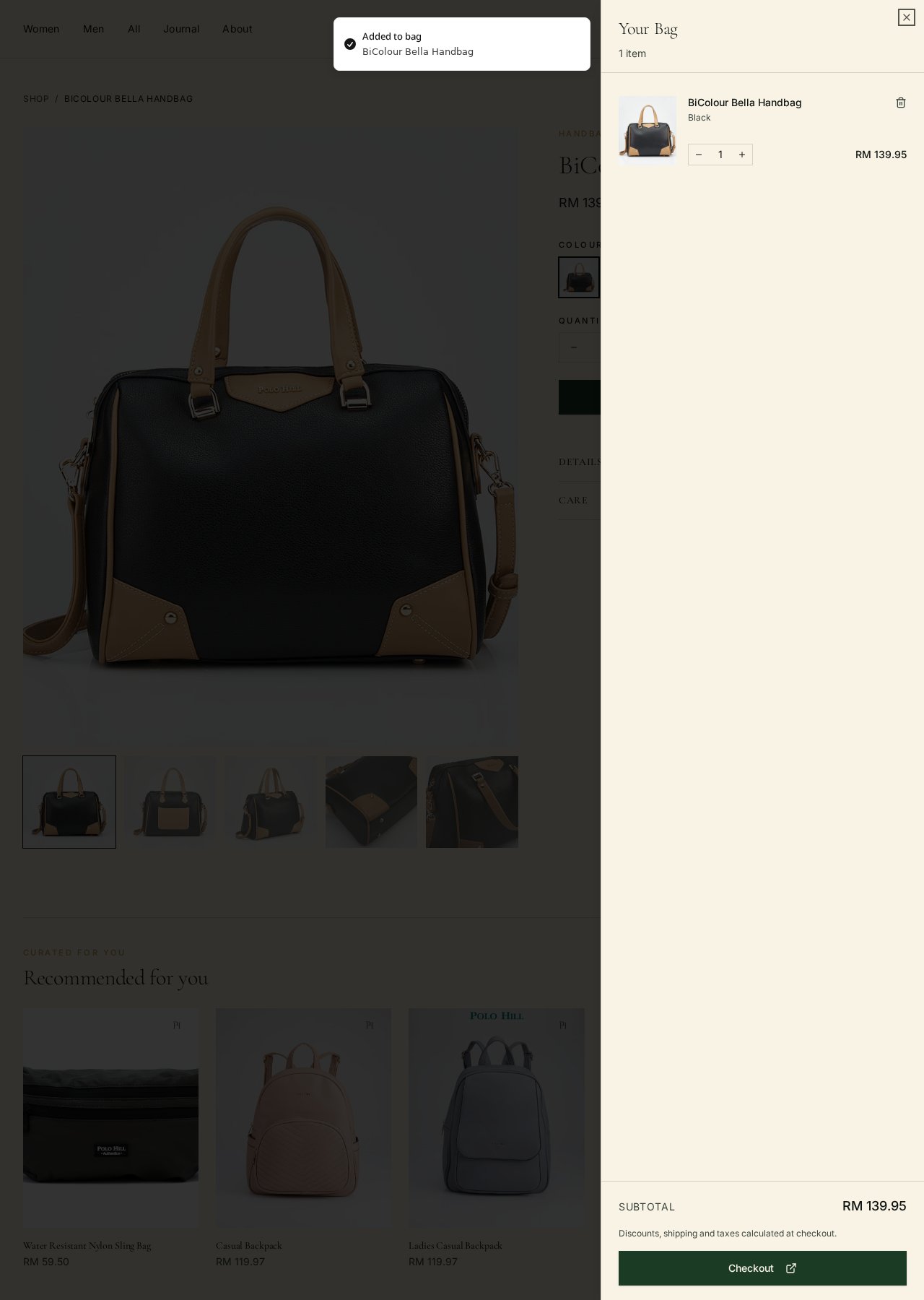 Cart drawer opened on the right showing an added item