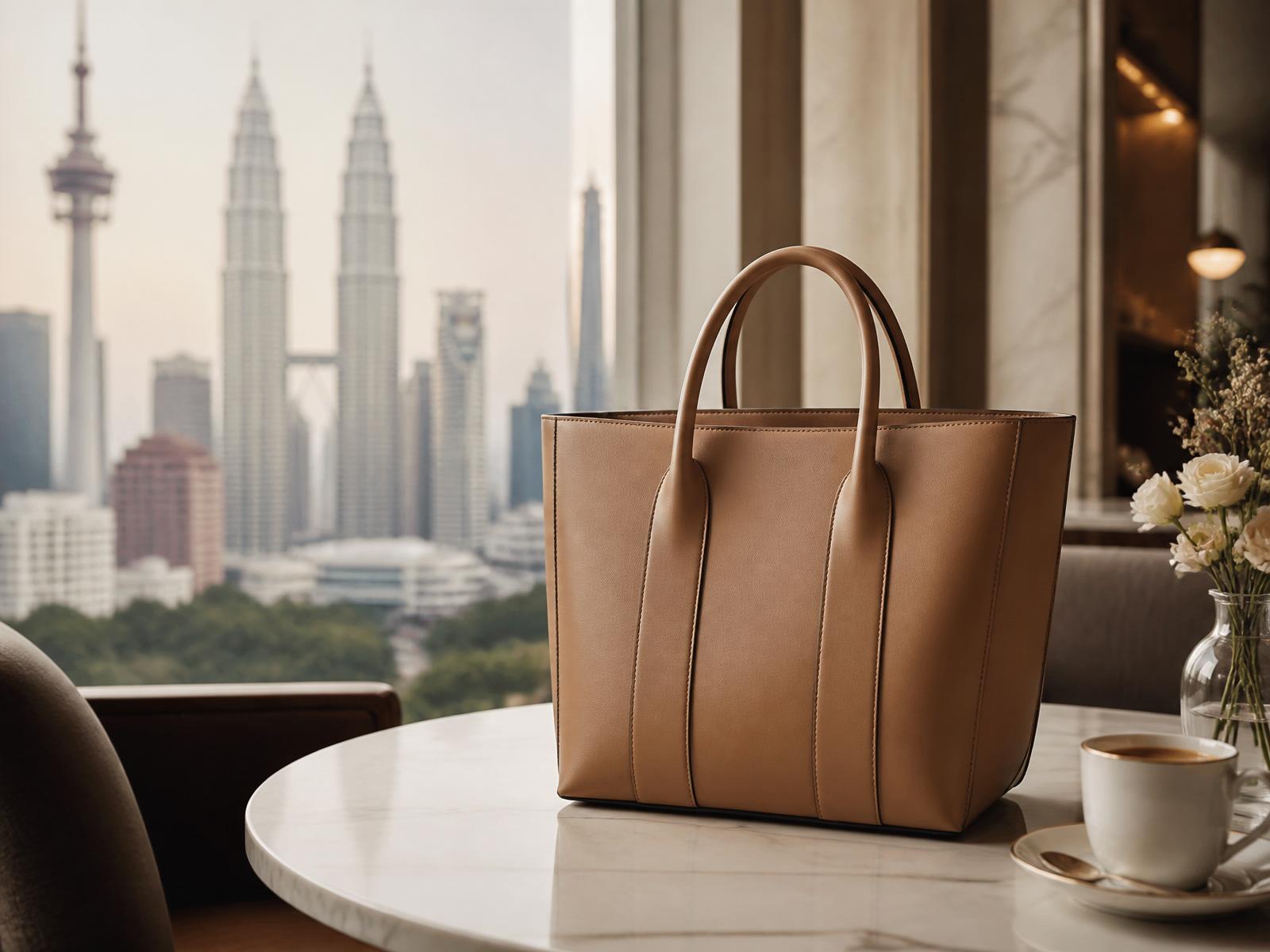 A structured tan tote on a marble café table with the Kuala Lumpur skyline in the background
