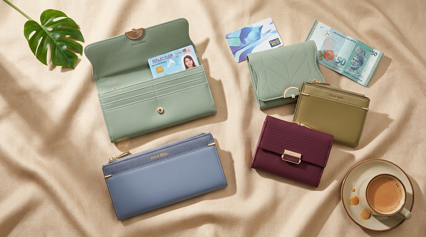 POLO HILL wallet edit under RM50 — chestnut, black and champagne PU leather wallets with MyKad, Touch 'n Go card and RM50 notes