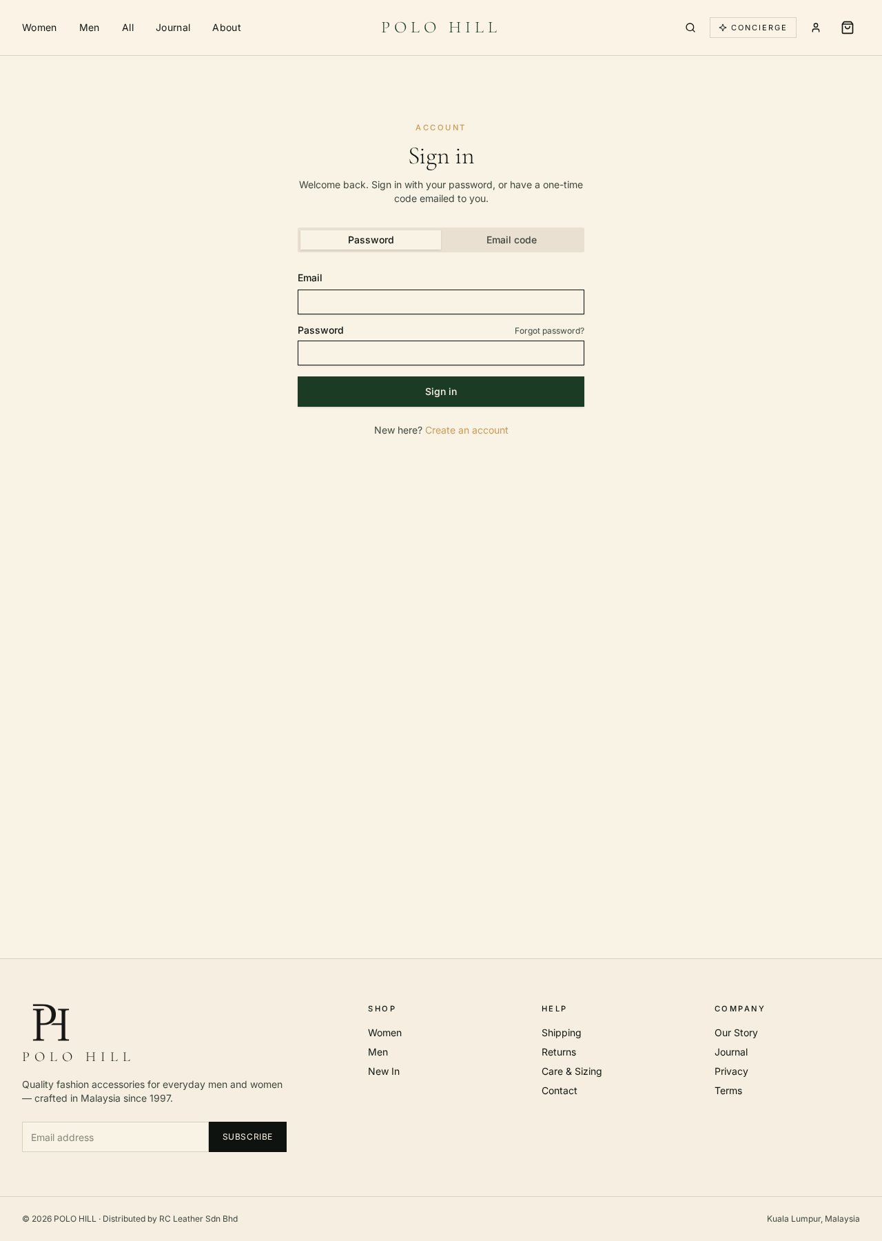 POLO HILL sign-in page with Password and Email code tabs