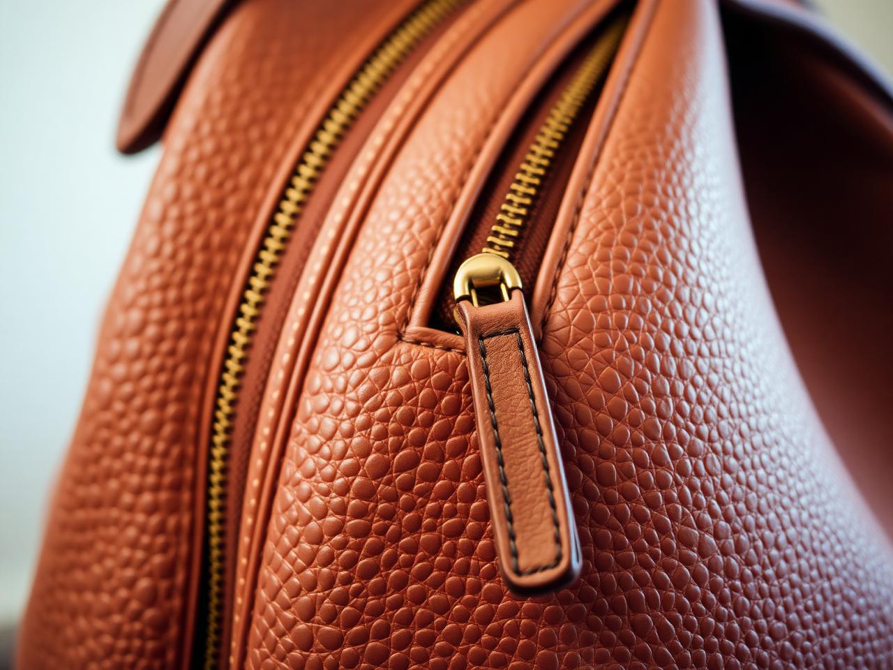Macro detail of pebbled faux leather and brushed gold zipper on a women's backpack