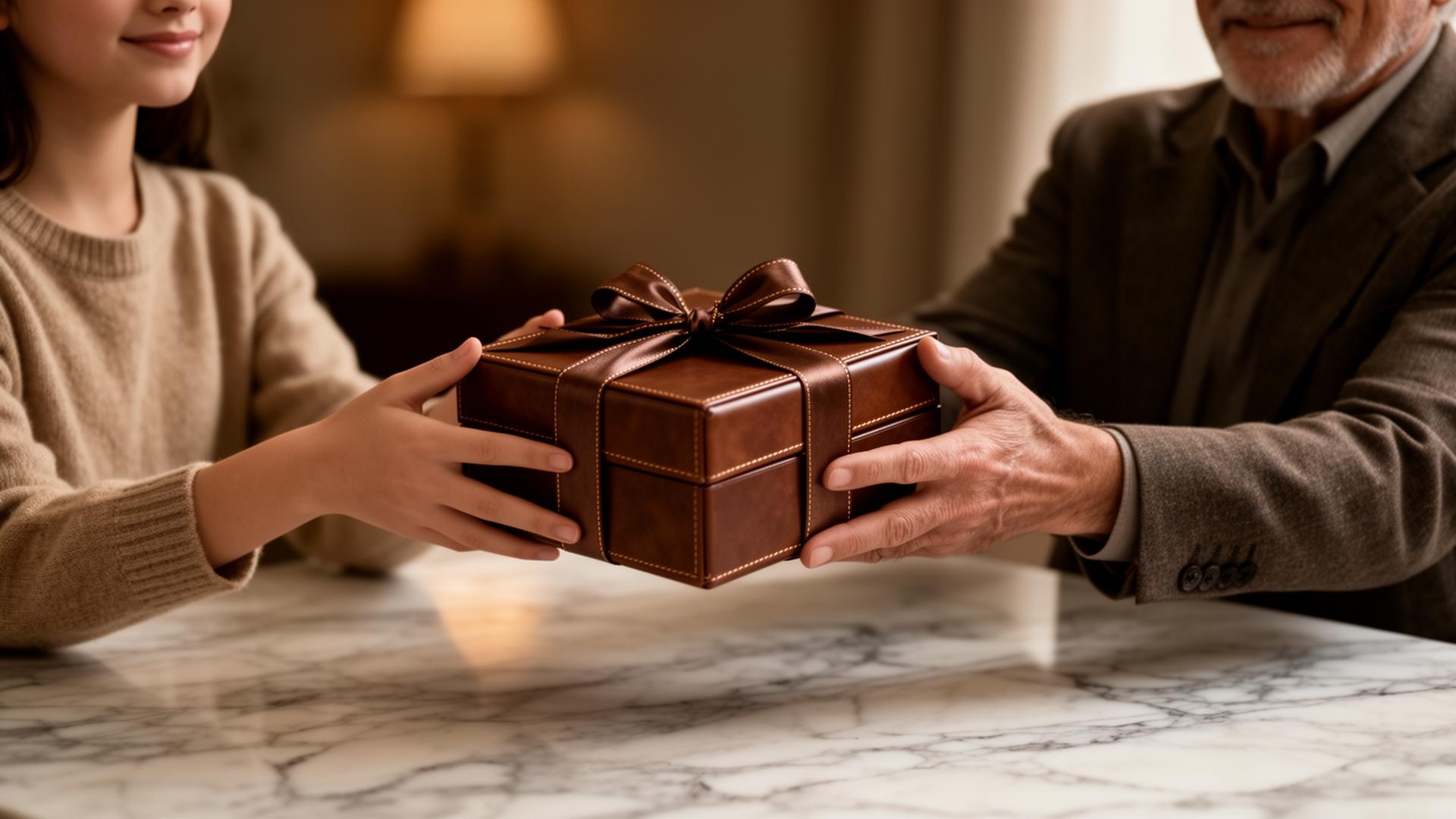 A daughter handing a wrapped POLO HILL premium leather gift box to her father across a marble table