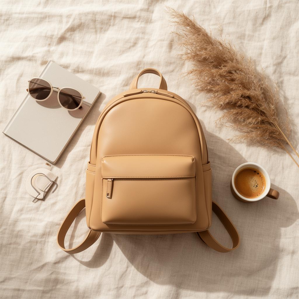 Flat lay of a beige women's backpack with notebook, sunglasses and coffee