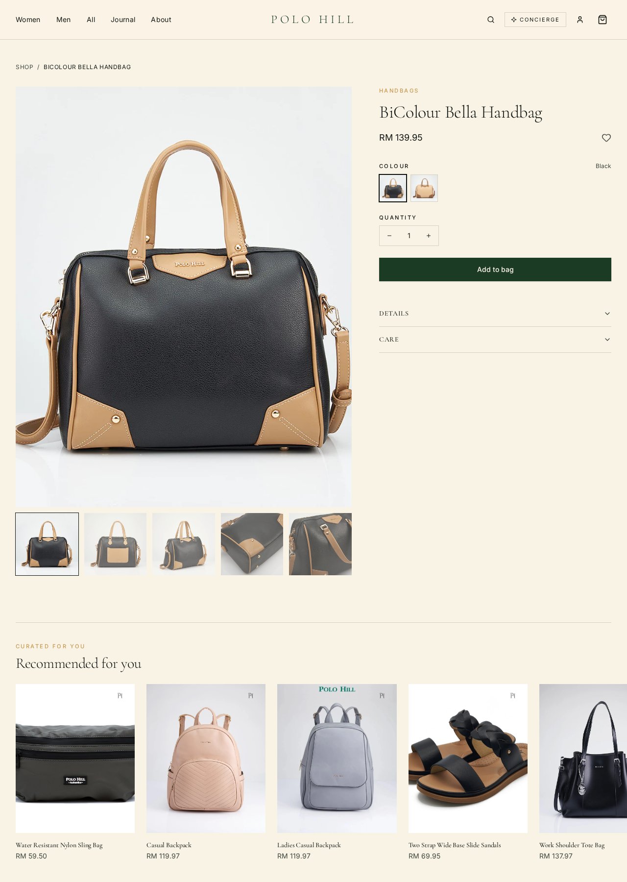 Product detail page for the BiColour Bella Handbag