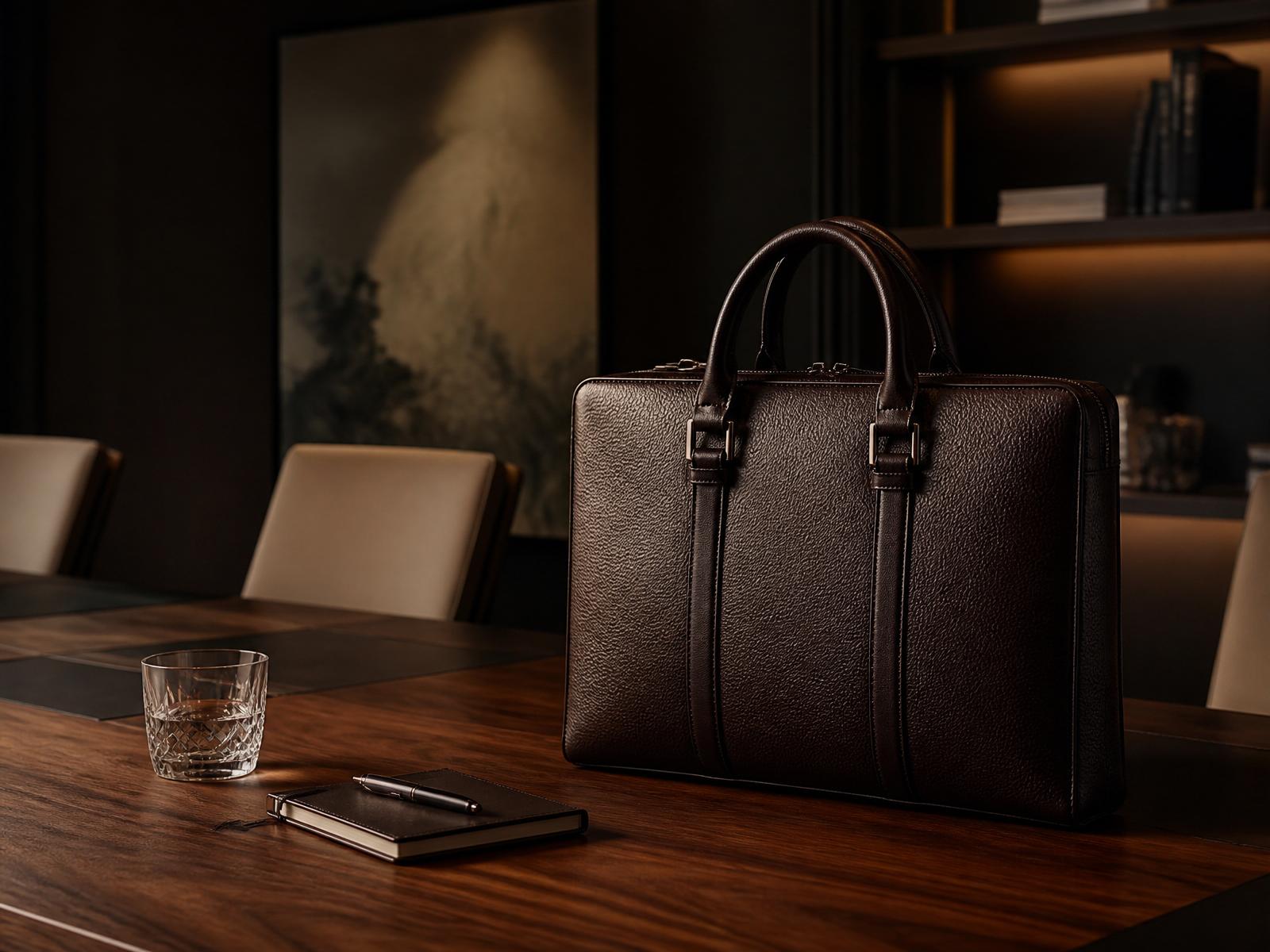 A structured espresso-brown leather briefcase on a walnut boardroom table