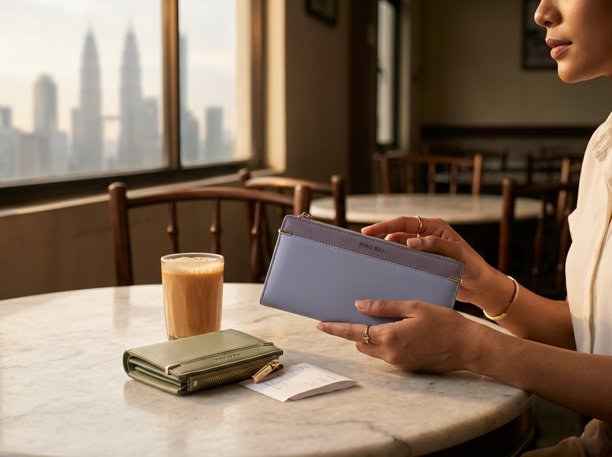 A woman holds a slim champagne POLO HILL foldover wallet at a marble kopitiam table with teh tarik in warm KL evening light