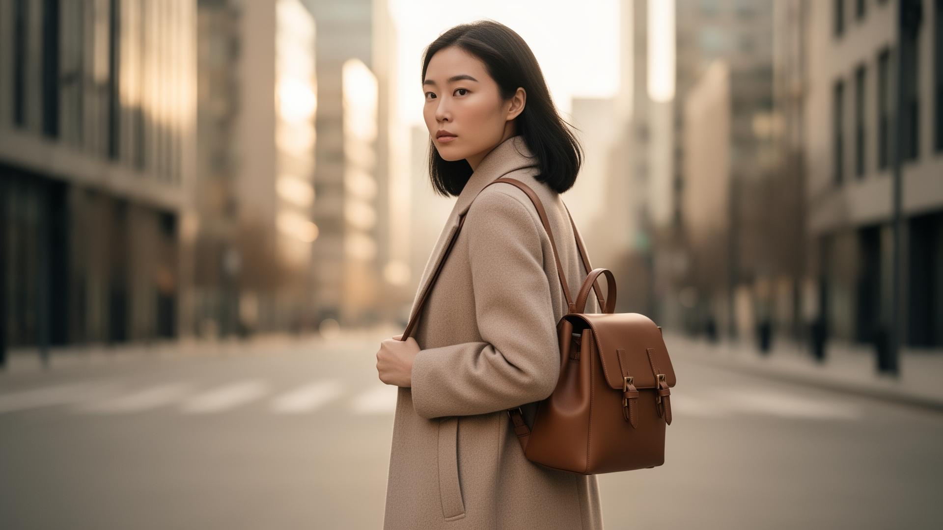 Woman in beige coat carrying a classy POLO HILL women's leather backpack on a city street