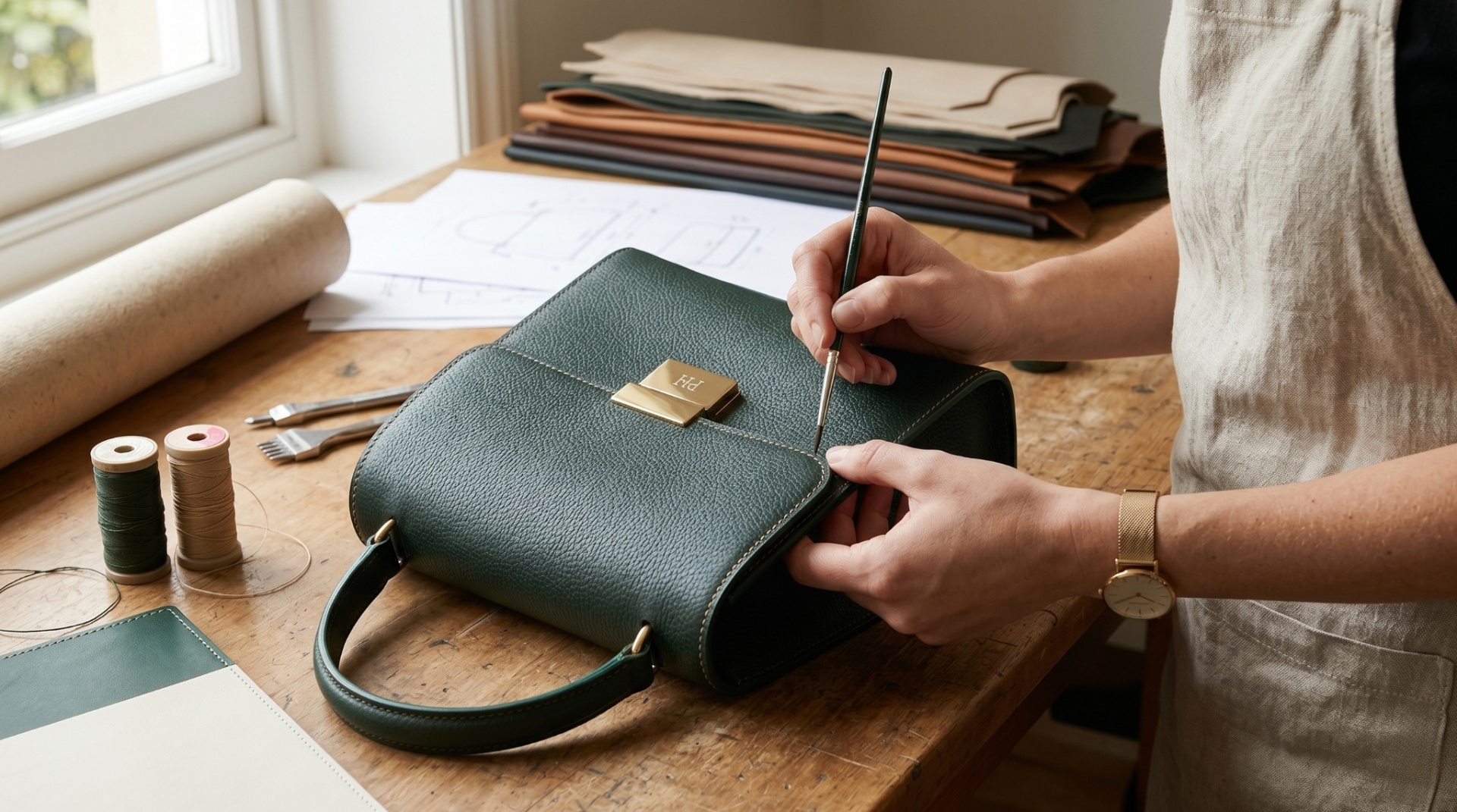 A Perennial Heritage bag being hand-finished at the atelier