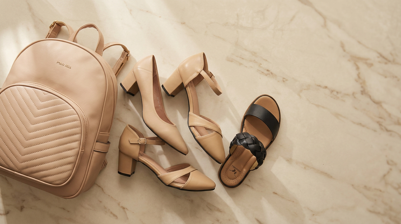 A flat-lay of POLO HILL's most-loved pieces — quilted backpack, pointed court shoes, ankle-strap block heels and slide sandals on cream marble