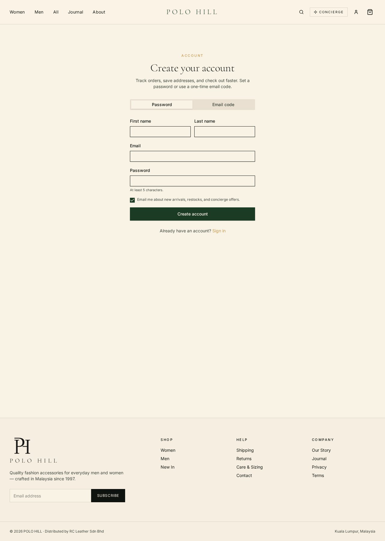 Create account page