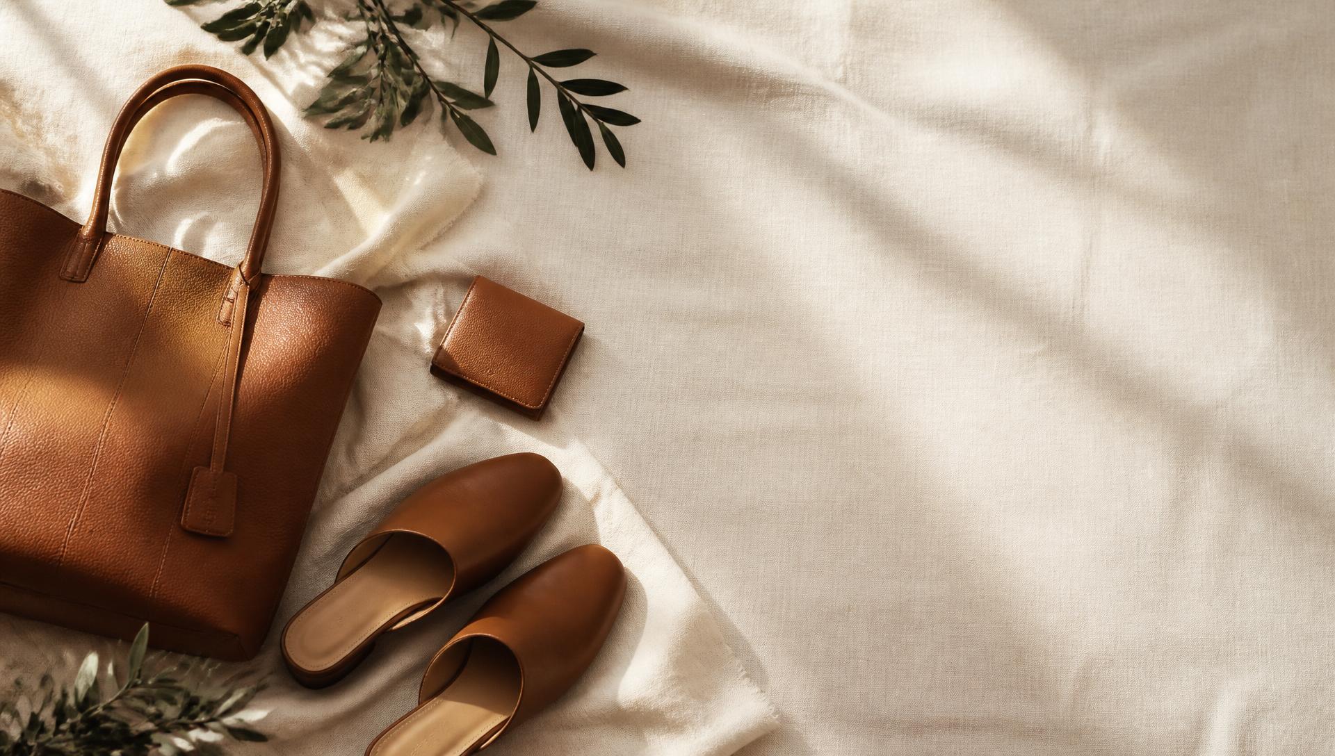 A caramel leather tote, card wallet and mules arranged on cream linen with morning light