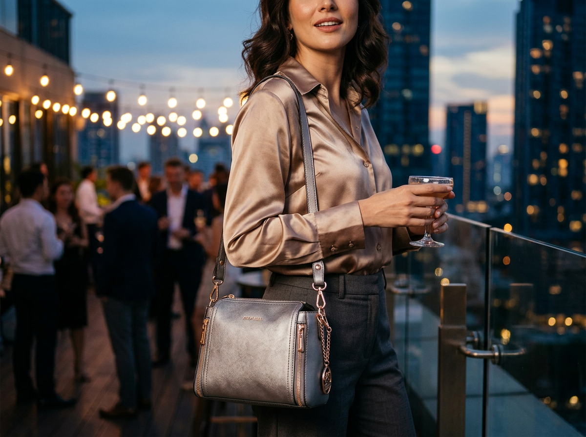 Silver Ensign Crossbody Sling Bag worn crossbody at an evening rooftop event