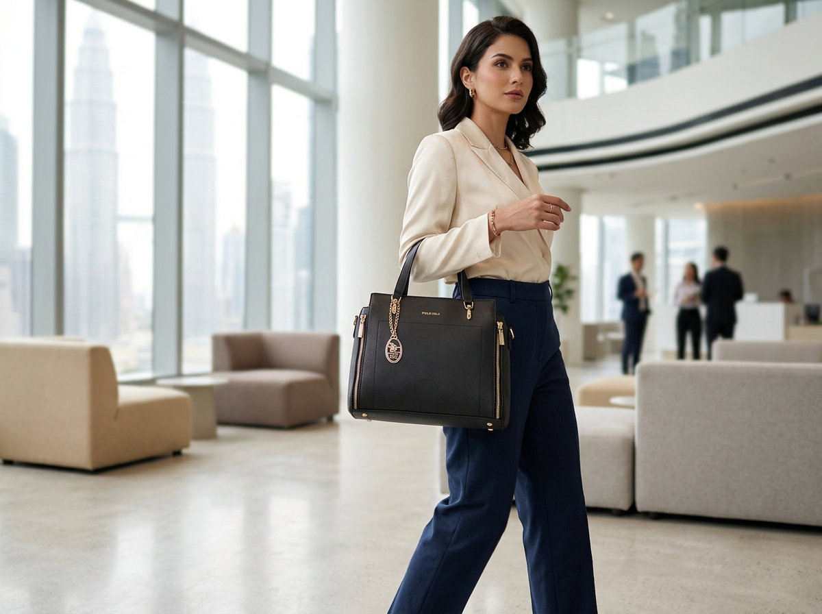 Black Ensign Tote Bag carried by the handles with office tailoring