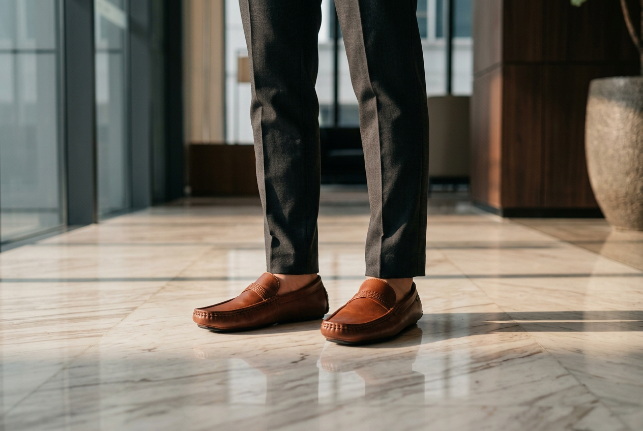 Dark brown leather Oxford formal shoes on marble floor in a Kuala Lumpur office lobby