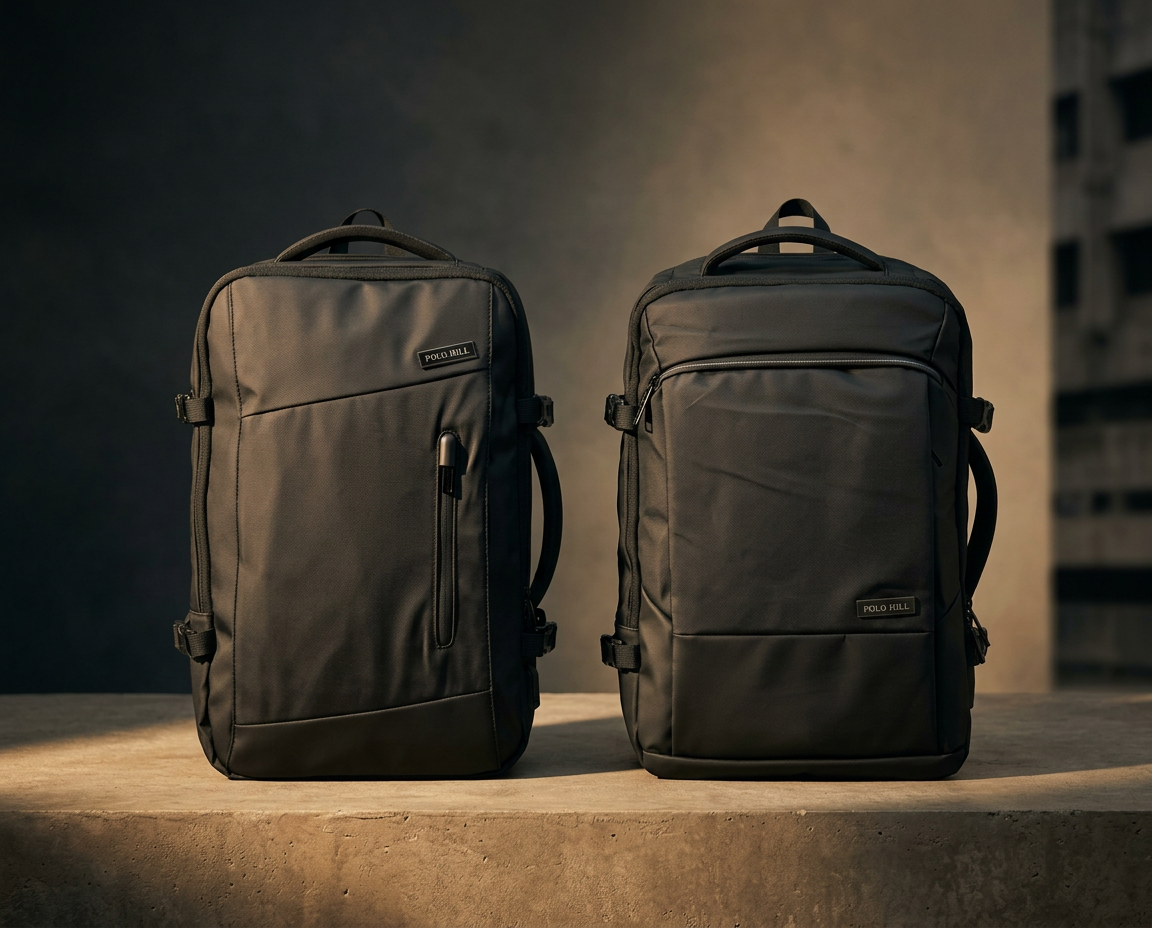 Two POLO HILL black nylon laptop backpacks staged side-by-side on a concrete plinth in warm cinematic light