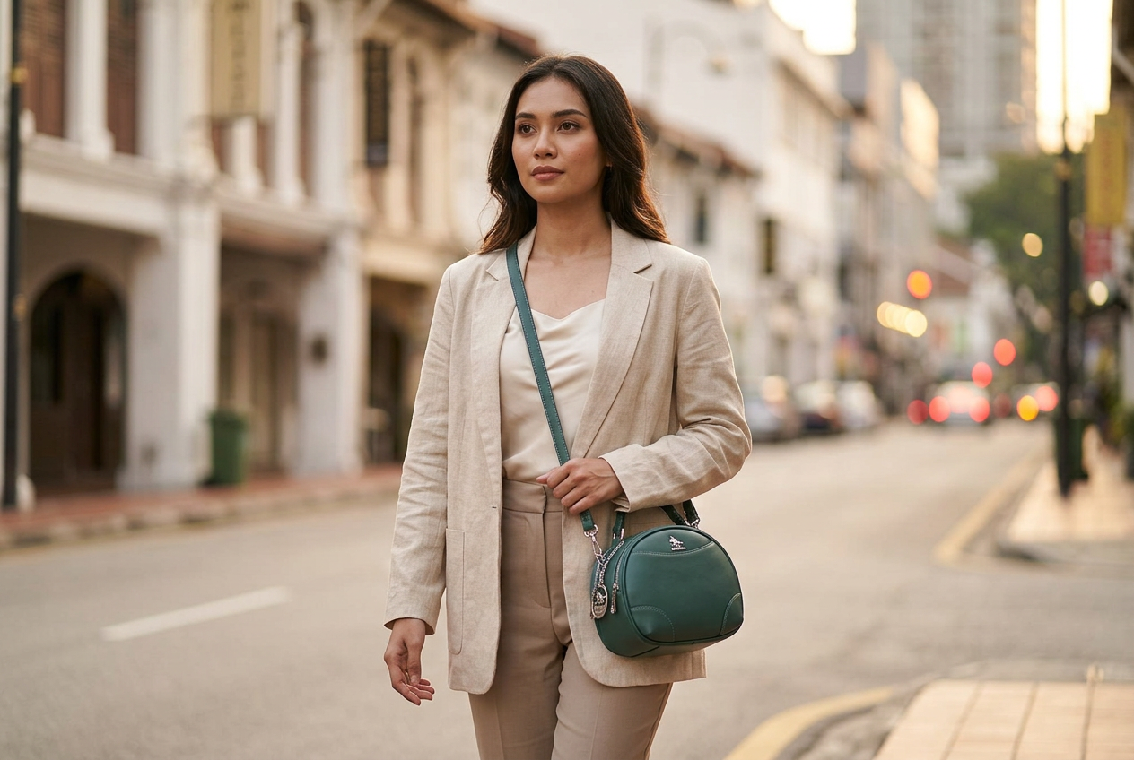 Woman in beige linen blazer wearing a tan crossbody sling bag on a Kuala Lumpur street