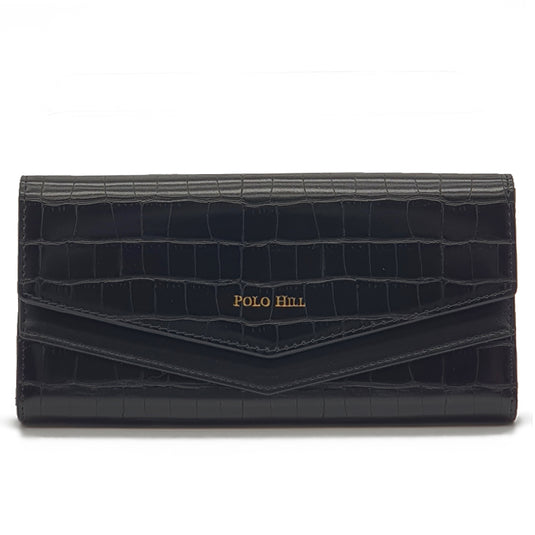 Croc Textured Long Flap Over Tri-Fold Wallet