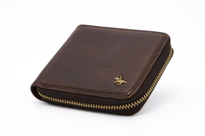 Brown RFID Protected Genuine Leather Ziparound Wallet - ID Windows