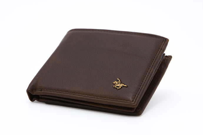 Brown RFID Protected Genuine Leather Bi-Fold Wallet - Coin Pouch